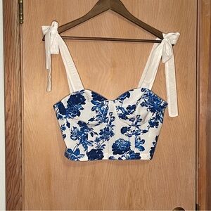 Tie-Shoulder Floral Bustier Crop Top - White & Blue